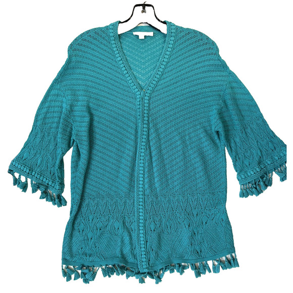 Chicos Sweater Womens Medium Open Front Fringe Boho Knit Crochet Tassel Cardigan - Picture 1 of 7